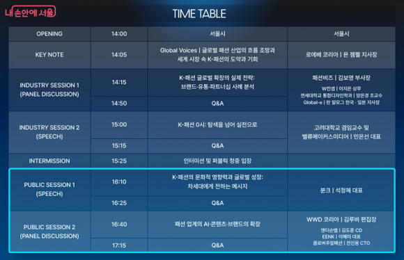 서울패션포럼이 2월 3일 오후 4시부터 5시30분까지 개최된다. ‘퍼블릭 세션’(하늘색 선)도 마련된다. [사진 제공 서울시. 재판매 및 DB 금지]