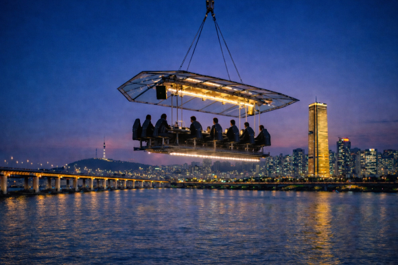 특수 크레인에 매달린 테이블에 탑승해, 한강 수면 상공에서 라면을 직접 제조해 먹는 프로그램 [사진 제공 서울특별시. 재판매 및 DB 금지]